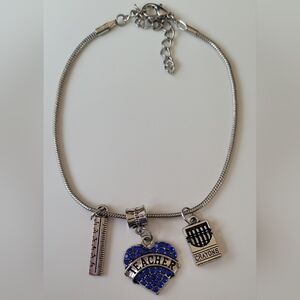 Teacher Charm Bracelet Blue Rhinestone Heart Ruler & Crayons Charms